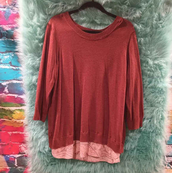 Dalia Rusty Brown Crew Neck Long 3/4 Sleeve Layered Top Size 1X - Picture 3 of 11